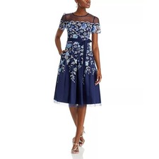  Eliza J Embroidered Floral Illusion Neck Cocktail Dress Belted 12 NWT