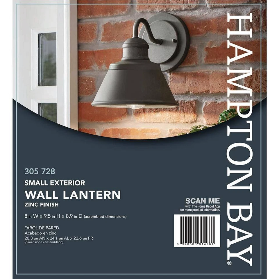 Hampton Bay 9.5 in. 1-Light Zinc Barn Outdoor Wall Light Sconce Lantern - Image 3 of 4