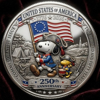 USAヴィンテージ 缶バッジ 20世紀FOX 希少 USA 250th Anniversary Coin 1776-2026 Snoopy Patriot Gold Challenge