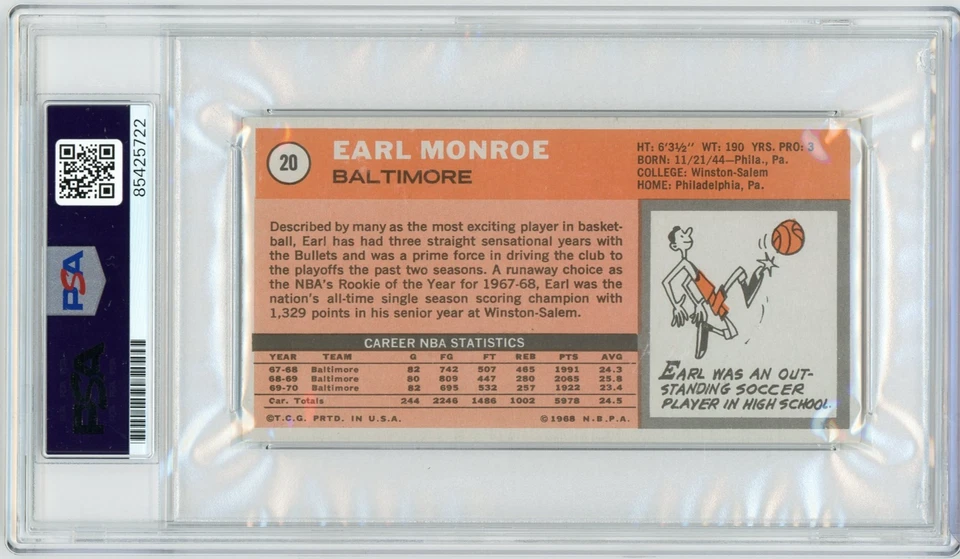 Auténtico automático Topps Earl "The Pearl" Monroe Salón de la fama 1970-71 1970 certificado por ADN PSA Foto 2 de 2