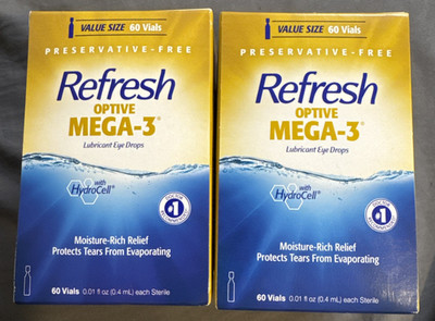 New Lot Of 2 Boxes Refresh Optive Mega-3 Dry Eye Drops 60x2 120 Vials EX 2/2027+