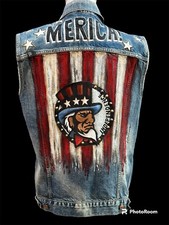Handpainted Levi Strauss Sz Lg Merica! American Flag Mens Denim Vest Ooak