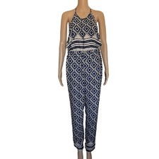 audrey jumpsuit size L beige  blue navy bara back