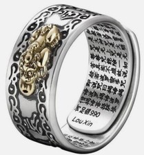 s925 pixiu charms buddhist scriptures open adjustable ring feng shui amulet luck