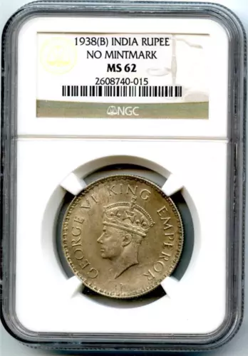 British India 1938 No Mintmark Rupee NGC MS-62