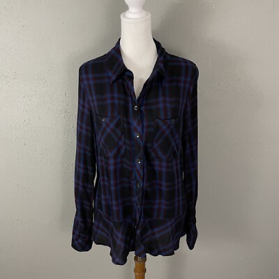Cabi Moody Plaid Womens Flannel Shirt Medium Button Up Rayon Peplum #3431 Top