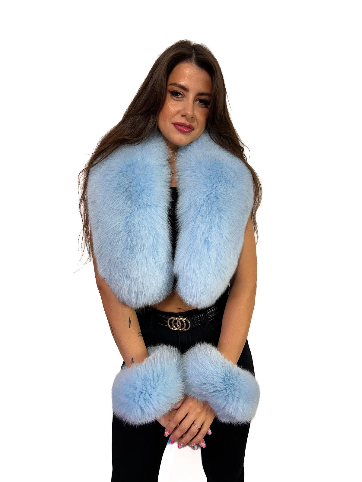Arctic Fox Fur Stole 47'' (120cm) + Tails as Wristbands Light Blue Saga Furs