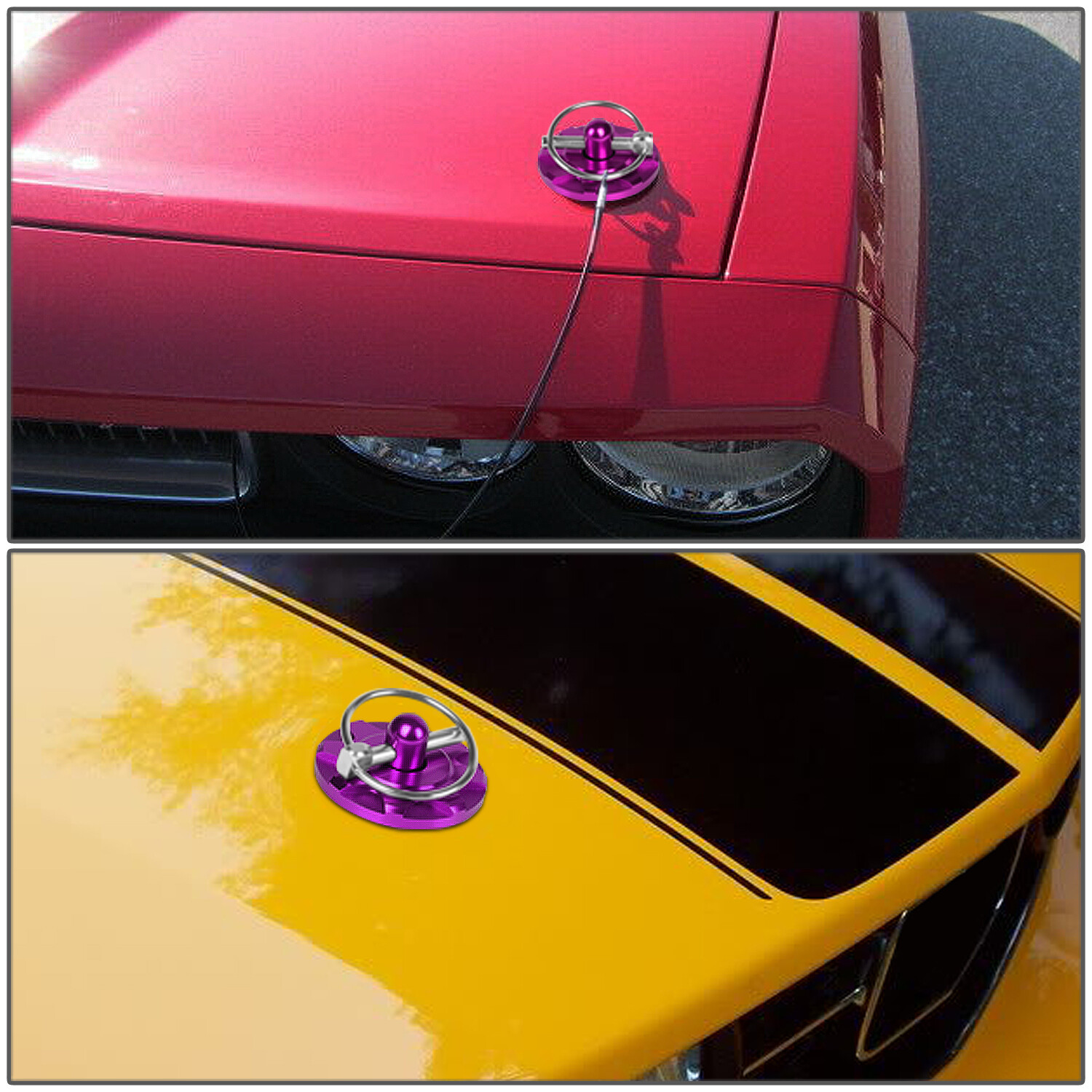 PAIR PURPLE 60MM X 28MM ALUMINUM JDM COSMETIC MODS BILLET HOOD PIN