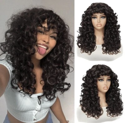 Perruque Synthétique Brune Marron Courte Wig Femme Bouclé Avec Frange +4 Bonnet - Photo 1/4