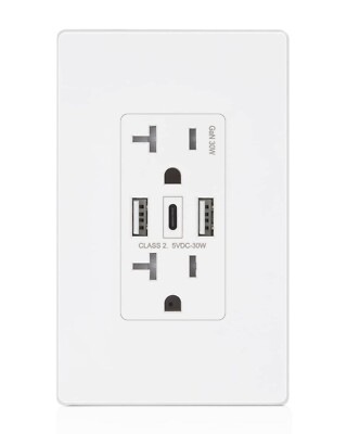 Amerisense GaN 30W 6 Amp 3-Port USB Wall Outlet 15 Amp Tamper-Resistant Recept..