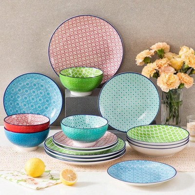 16pcs Ceramic Dinnerware Set, Plates & Bowls, Multicolor