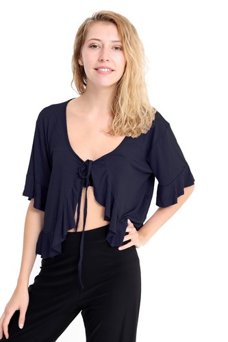 Womens Short Sleeve Ladies Frill Tie Cropped Cardigan Bolero Shrug Top Plus Size - Picture 13 of 13
