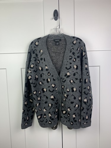 Karen Kane SMALL Animal Jacquard Cardigan Sweater Gray Button Front Plush - Picture 4 of 8