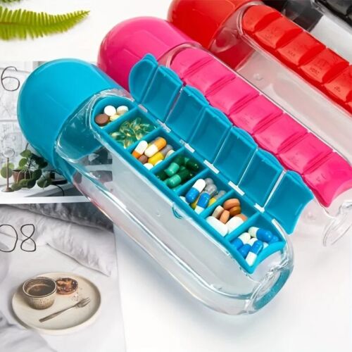 Portable Water Bottle with Pill Box for Travel, Gym, Camping & Fitness