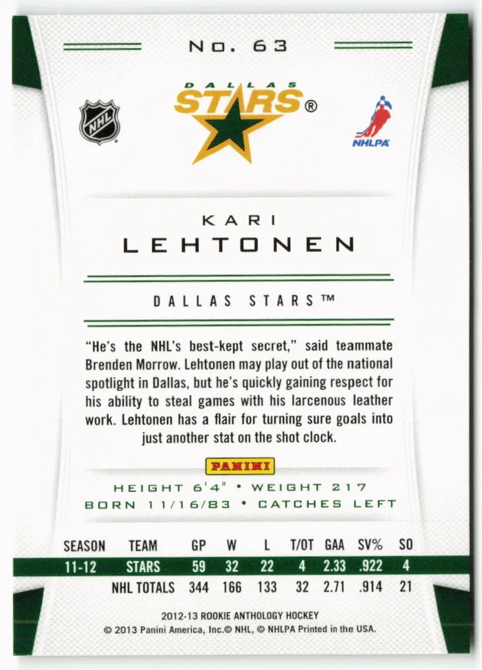 2012-13 Kari Lehtonen Panini Rookie Anthology - Dallas Stars - Image 2 of 2