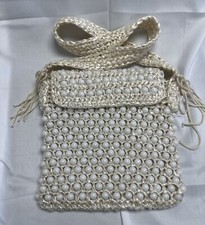 Vintage 1960's White Tan Beaded Raffia Crochet Shoulder Bag Purse Hong Kong Boho
