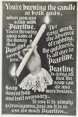 Lace Hand Holds Burning Candle at Both Ends Vtg 1899 PEARLINE Soap Art Print Ad