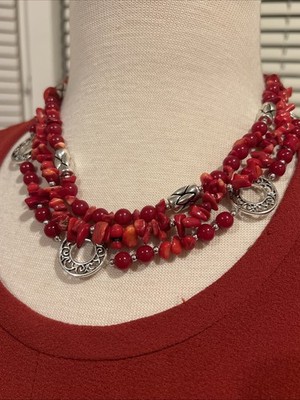 Vintage Premier Designs 19 -21  Necklace Silver & Red Coral Beads 3-Strands