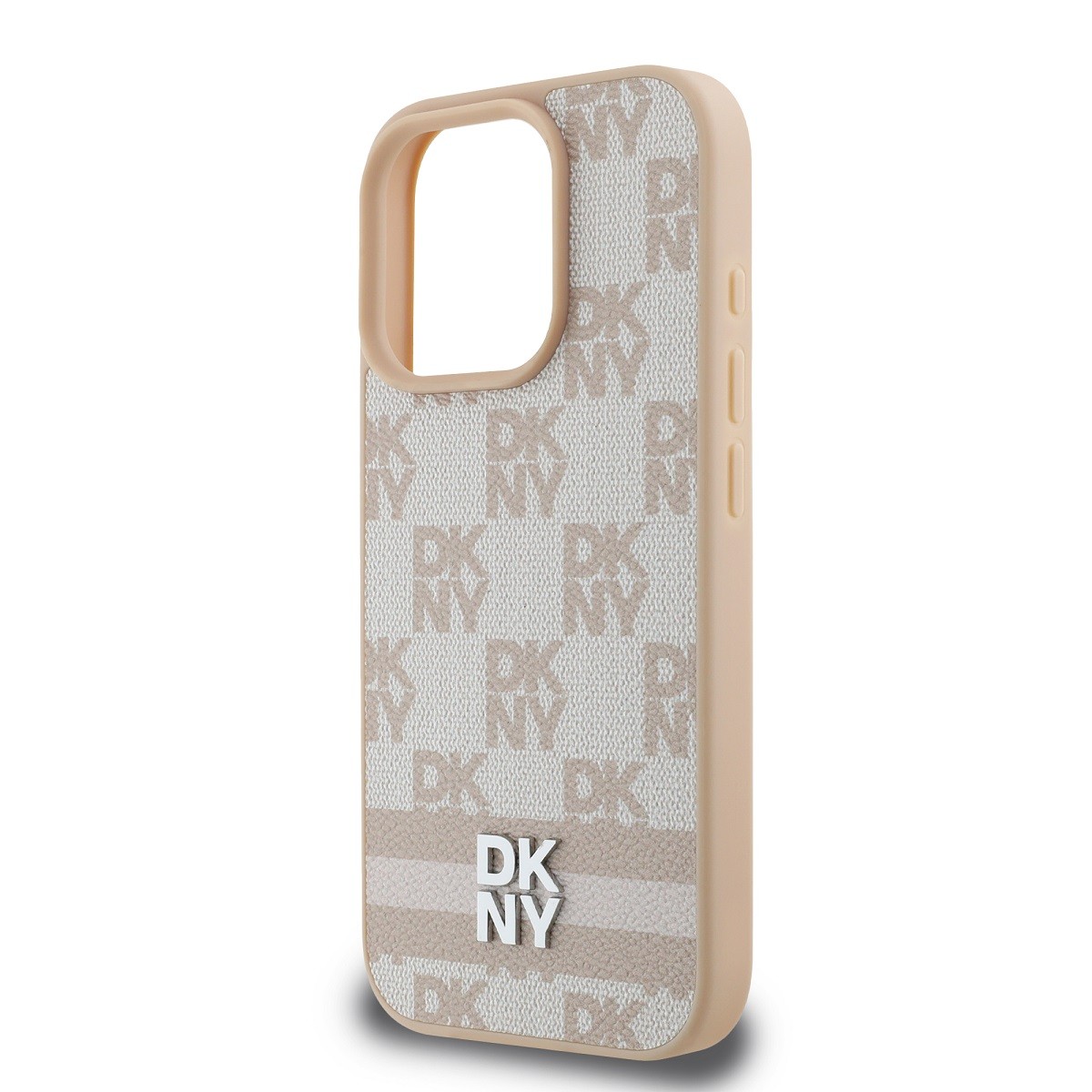 Coque iPhone 16 Pro Antichoc DKNY Motif Checkered et Rayures Rose