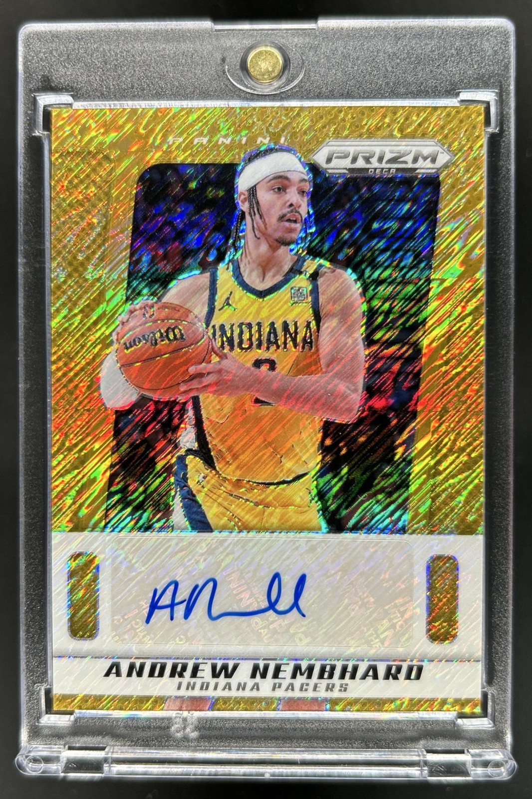 2024-25 Prizm Deca Andrew Nembhard Signatures Gold Shimmer Prizm FOTL Auto #/10 view 1