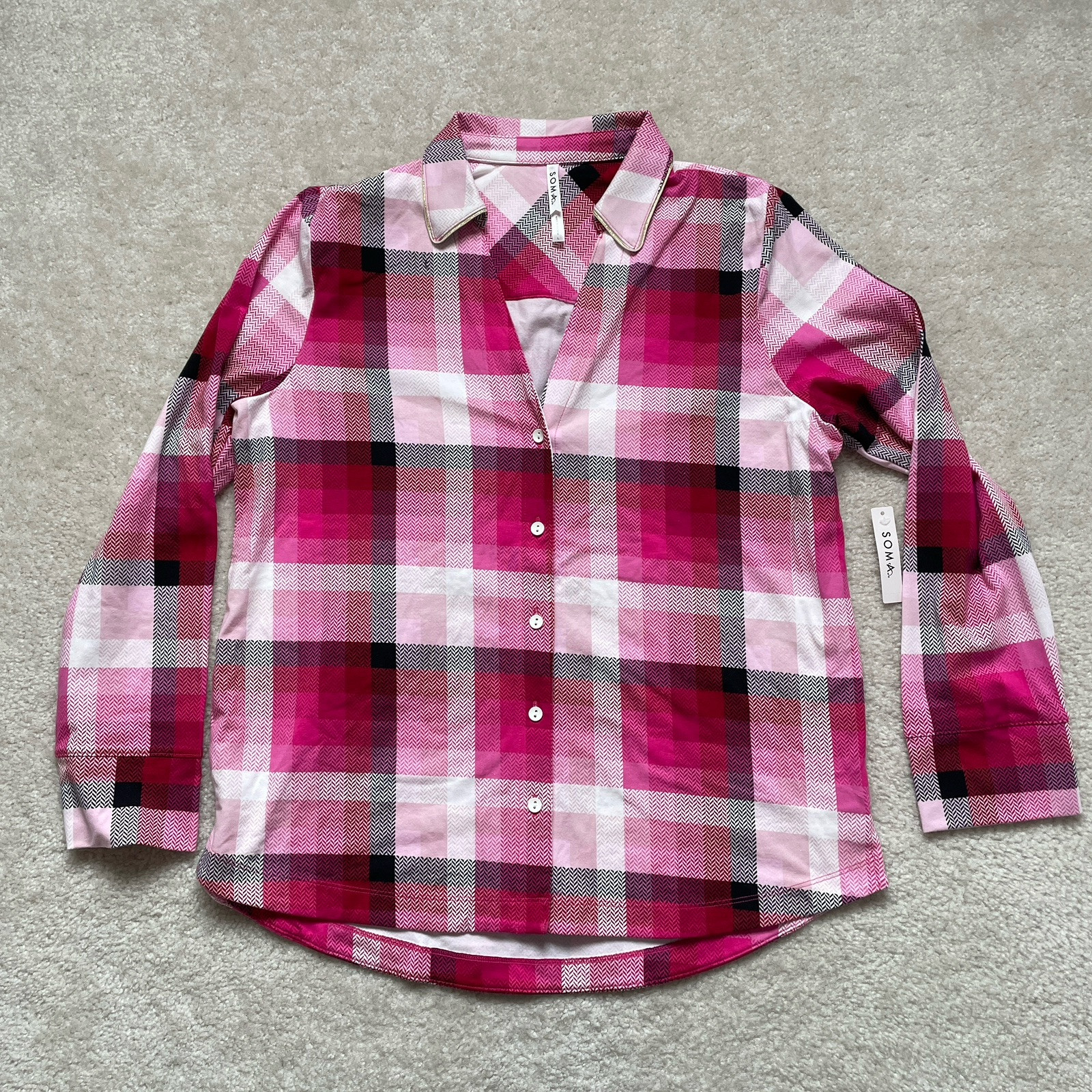 NWT Soma Embraceable Notch Collar Pajama Top Women’s L Sugarloaf Pink Plaid