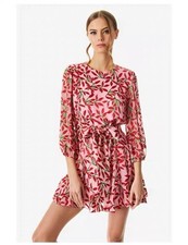 Women Alice+Olivia Pink Round Neck High Waist Belt Bubble Sleeve Dress