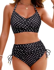 Blooming Jelly Women's High Waisted Crisscross Tie Back Bikini Set Black Large