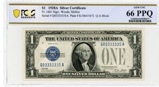 1601 $1 1928A Silver Certificate Blue Q-A PCGS B GEM UNC 66 PPQ Q03333335A FANCY