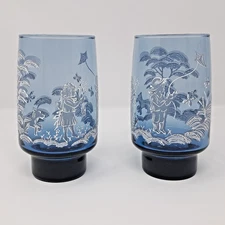 Libbey Mary Gregory Blue Glass Tumbler set of 2 14 fl oz girl dog boy w/ kite