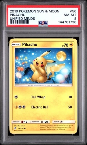 2019 POKEMON SUN & MOON UNIFIED MINDS #56 PIKACHU PSA 8