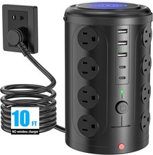 Power Strip Tower 16 Outlets 5 USB 2 USB-C 10Ft Cord Flat Plug   Black
