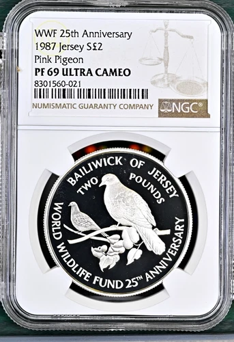 1987 S£2 POUND JERSEY WWF 25TH ANNIVERSARY PINK PIGEON NGC PF 69 ULTRA CAMEO