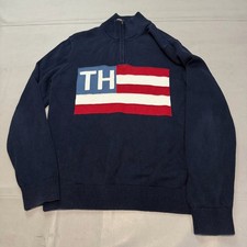 Tommy Hilfiger Men Navy July 4th Flag Quarter 1/4 Zip Pullover Sweater Y2K-5826