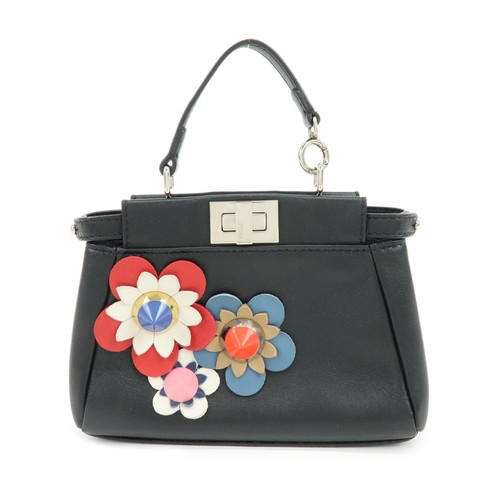 FENDI Micro Peekaboo Leather Flower Motif 2Way Hand Bag Black 8M0355 Used F/S