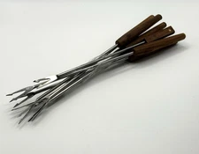 Vintage Set of 8 Stainless Steel Fondue Forks Skewers Wood Handle 7" Short 