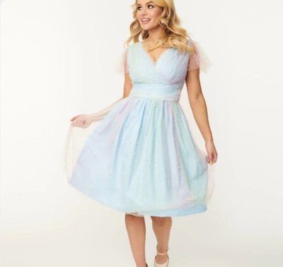 Magnolia Place XL Fit & Flare Pastel Blue Pink Tulle Dress Pearl Flutter Sleeve