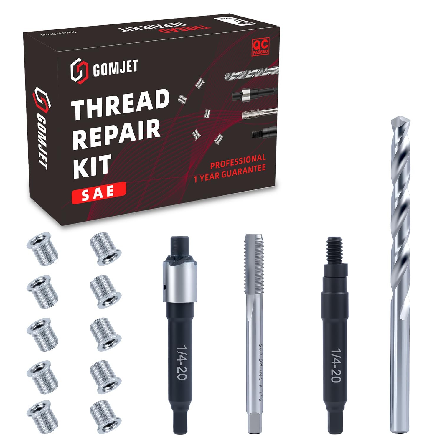 Gomjet 1/4-20 INCH Thread Repair Kit, 1/4-20X0.380 Inch Stainless Steel Insert