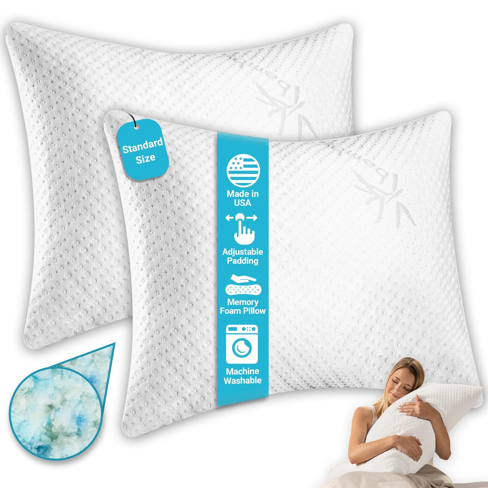 Bed Pillows for Sleeping (2 Pack) | Adjustable Shredded Memory Foam Pillows w...