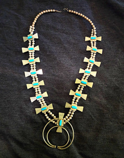 Unique Native American Sterling Turquoise squash blossom necklace 26in
