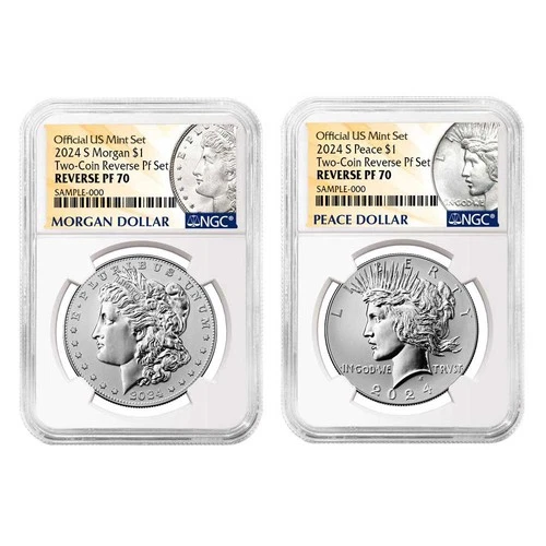 2024-S Reverse Proof $1 Morgan and Peace Silver Dollar 2pc Set NGC PF70 Morgan