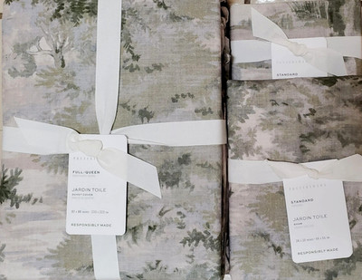 Pottery Barn JARDIN Toile 100% Cotton FULL/QUEEN Duvet + 2 STANDARD Shams GREEN