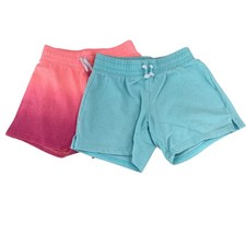 SO Lot of 2 Girls Knit Shorts Size 7 Elastic Waist Drawstring Blue Coral Ombre