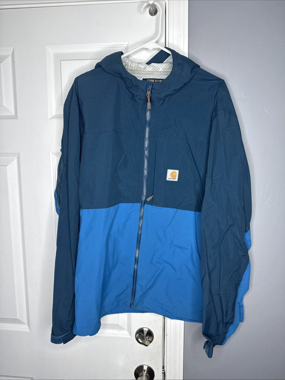 MENS USED CARHARTT BLUE FULL ZIP HOODED STORM DEFENDER RAIN JACKET SIZE XXL