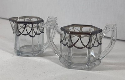 Vintage Hexagon Glass Chippendale Krys-tol Sterling Silver Overlay Cream & Sugar