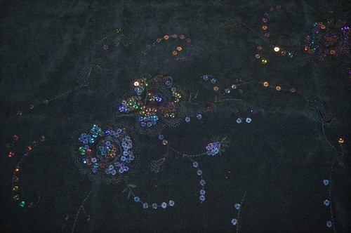 SEQUIN FLORAL EMBROIDERED BLACK SUEDE LIKE SATIN LIKE BACKED FABRIC 1 YARD 30 IN - Picture 6 of 11