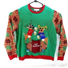 Ugly Christmas Sweater Men 2XL Green Get Blitzed Reindeer Party w/ Beer Pocket