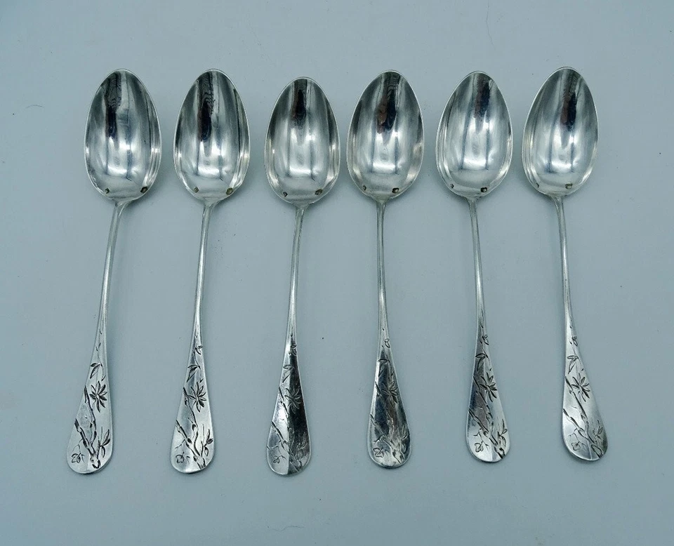 Juego de 6 hermosas cucharas de café francesas antiguas de plata de ley siglo XIX París Foto 3 de 4