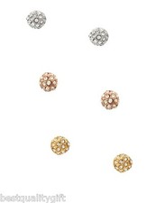GUESS 3 PAIR SET GOLD+SILVER+ROSE GOLD TONE BLING RHINESTONE BALL STUD EARRINGS