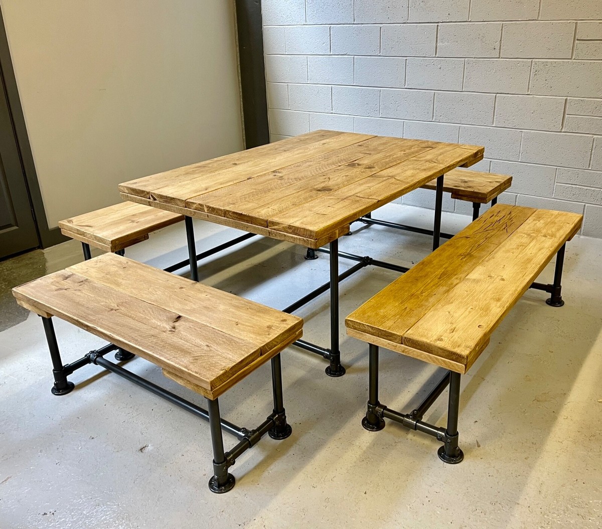 Industrial Reclaimed Scaffold Board Dining Table Steel Legs X4 Benches Gun  Metal