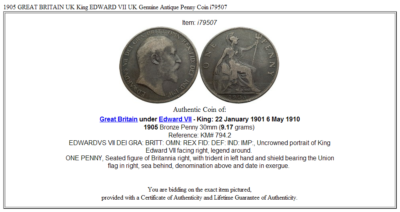 1905 GREAT BRITAIN UK King EDWARD VII UK Genuine Antique Penny